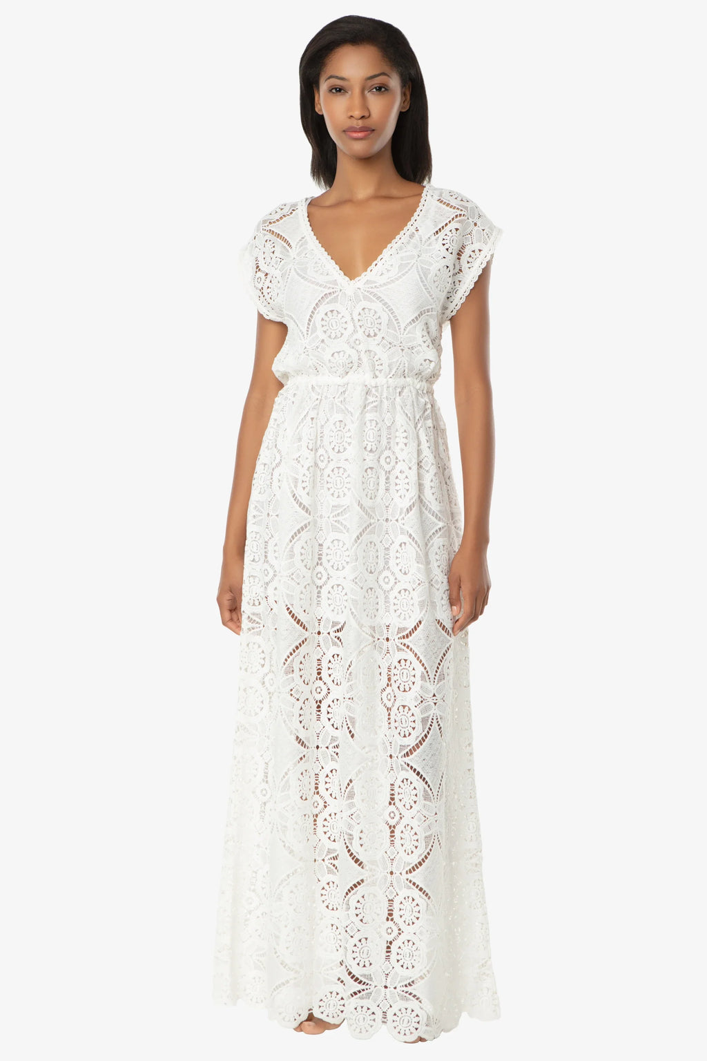 V-Neck Lace Maxi Dress, Lace Crochet, White, Helen Jon
