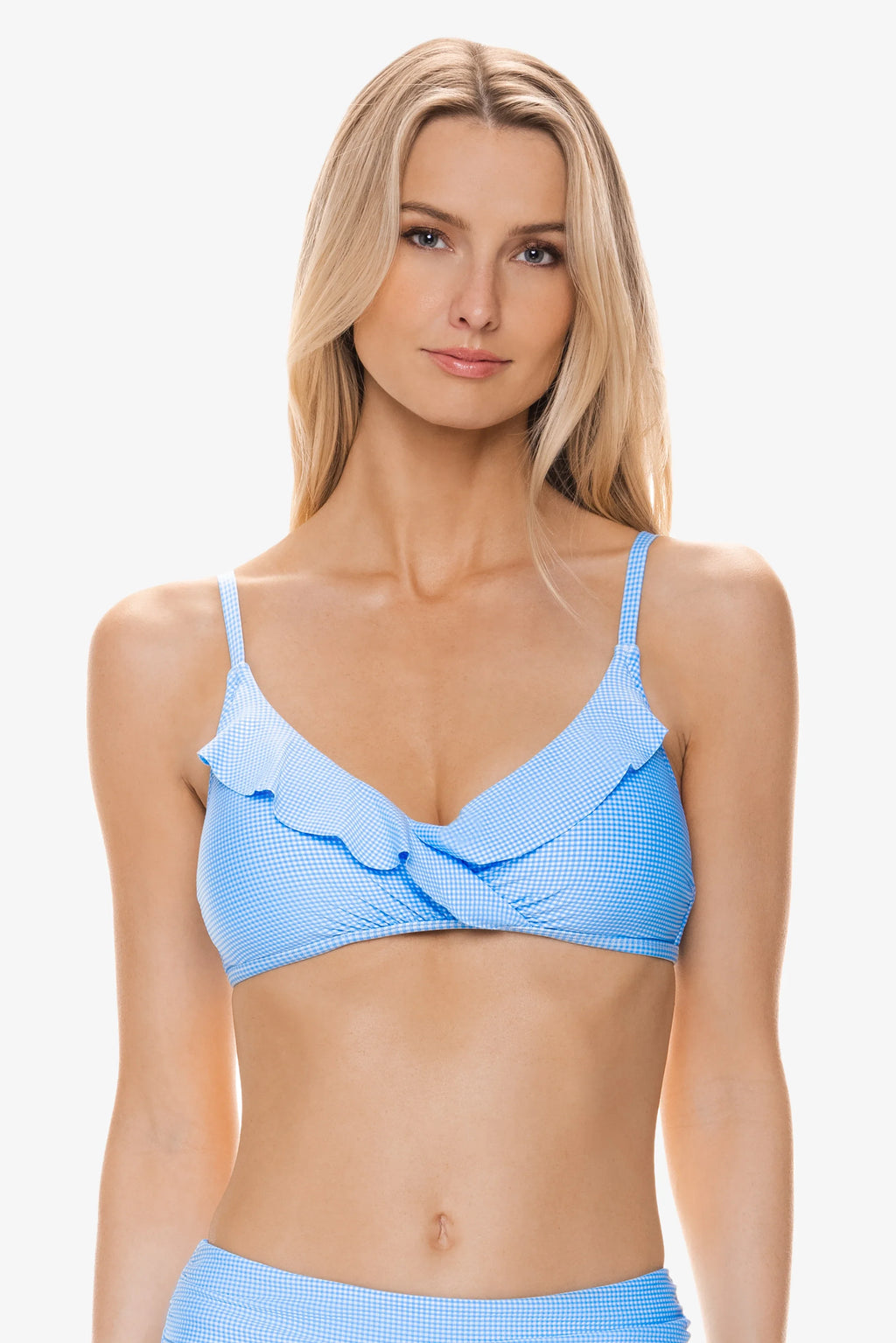 Ruffle Shirred Cross Over Bra, Peri Gingham, Peri Blue Print