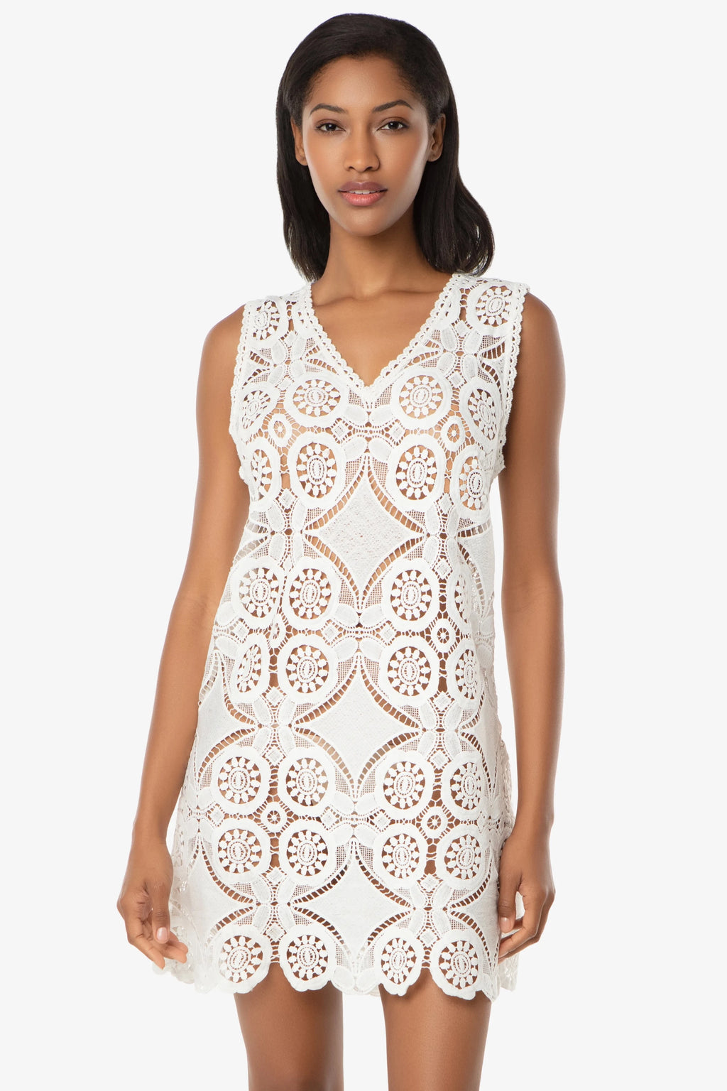 V-Neck Lace Dress, Lace Crochet, White, Helen Jon L