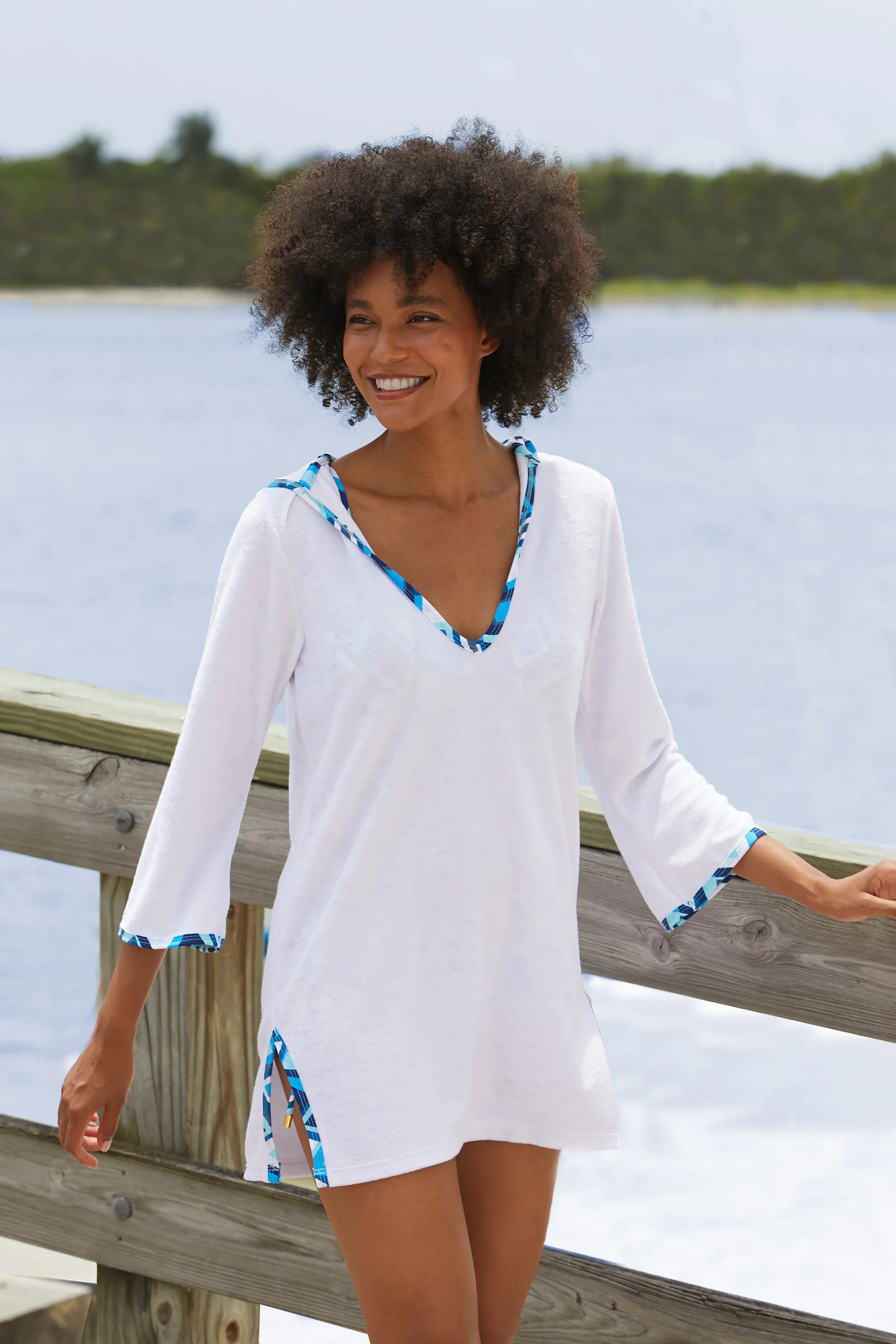 Hooded Terry Cover Up Paros Navy Blue Aqua White Geometric Print