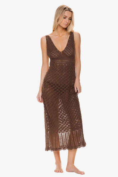 Claudia Crochet Midi Dress, Chocolate Brown, Helen Jon