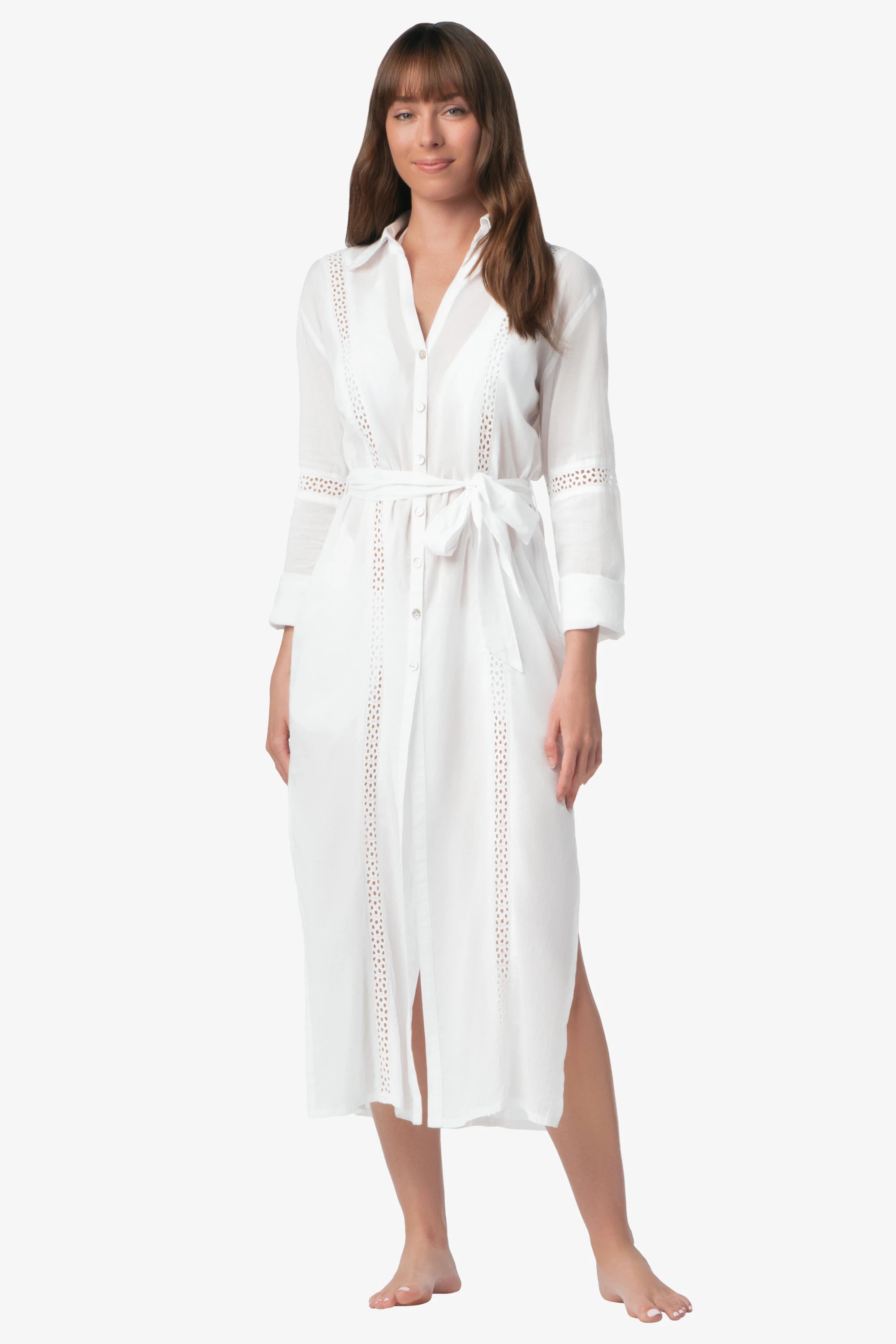 Eyelet Trim Long Shirt Dress, White, Helen Jon L Eyelet Trim Long Shirt Dress, White, Helen Jon L