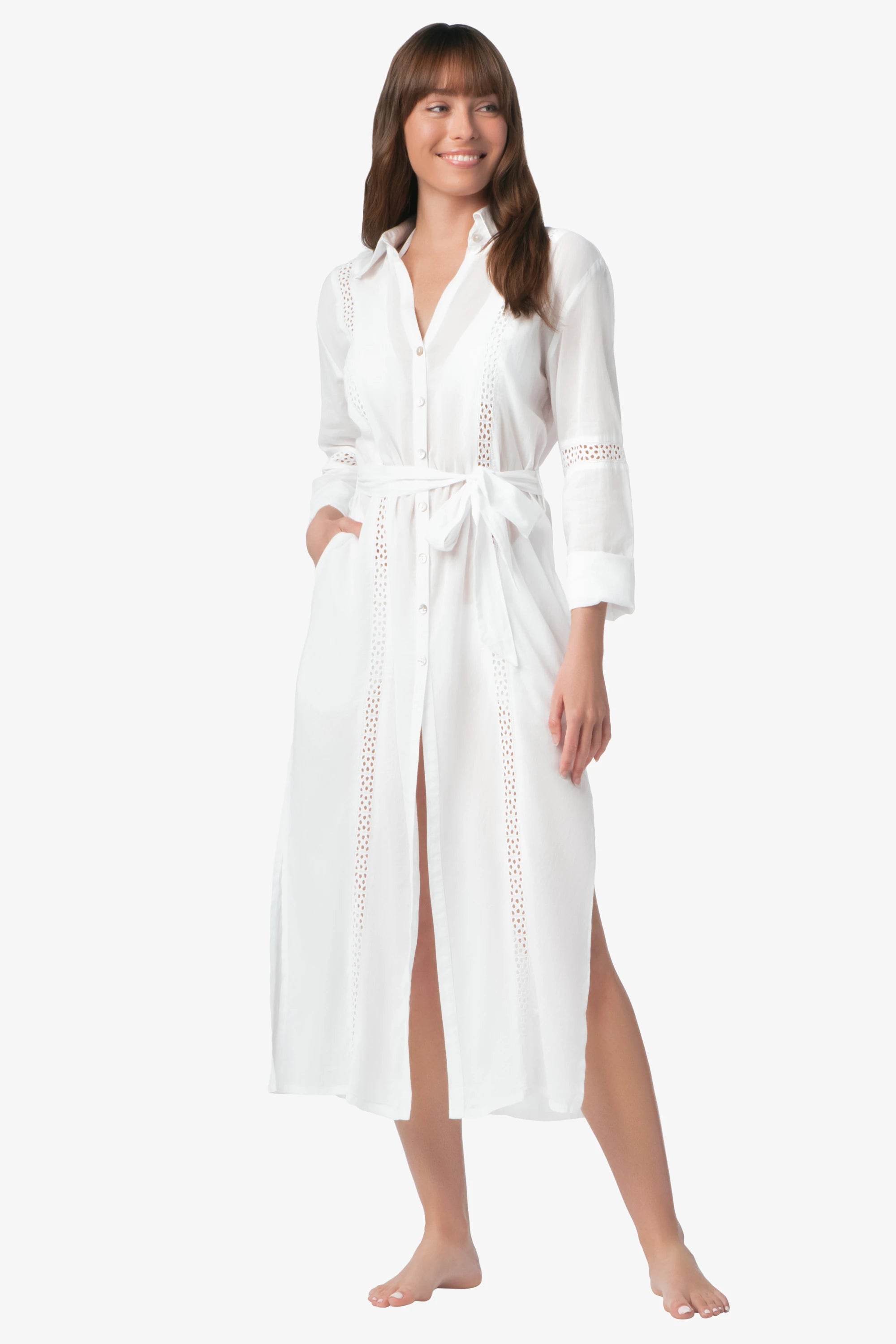 Eyelet Trim Long Shirt Dress, White, Helen Jon XS Eyelet Trim Long Shirt Dress, White, Helen Jon XS