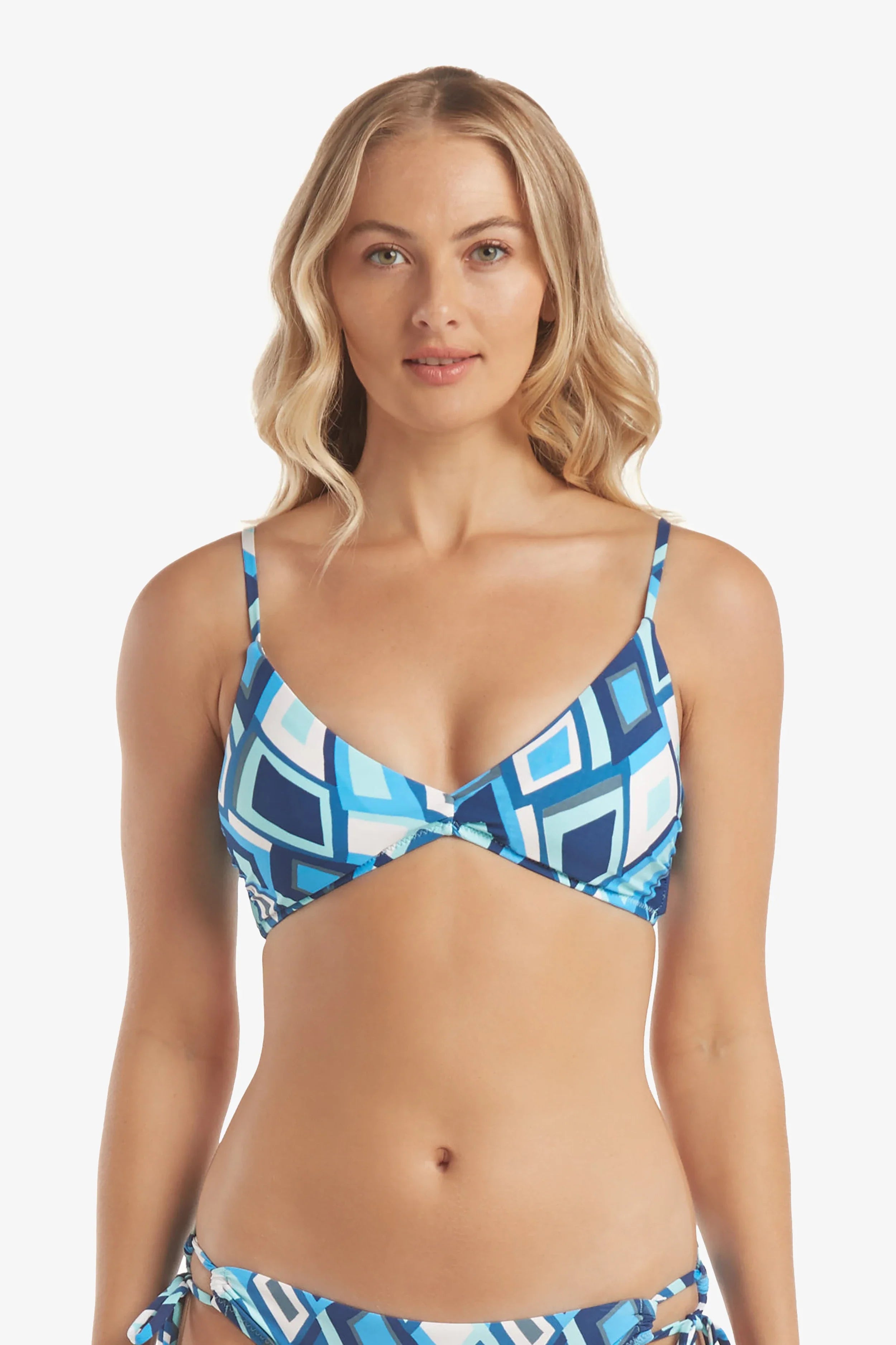 Lace Back Bralette, Paros, Navy/Blue/Aqua/White Geometric Print, Helen Jon