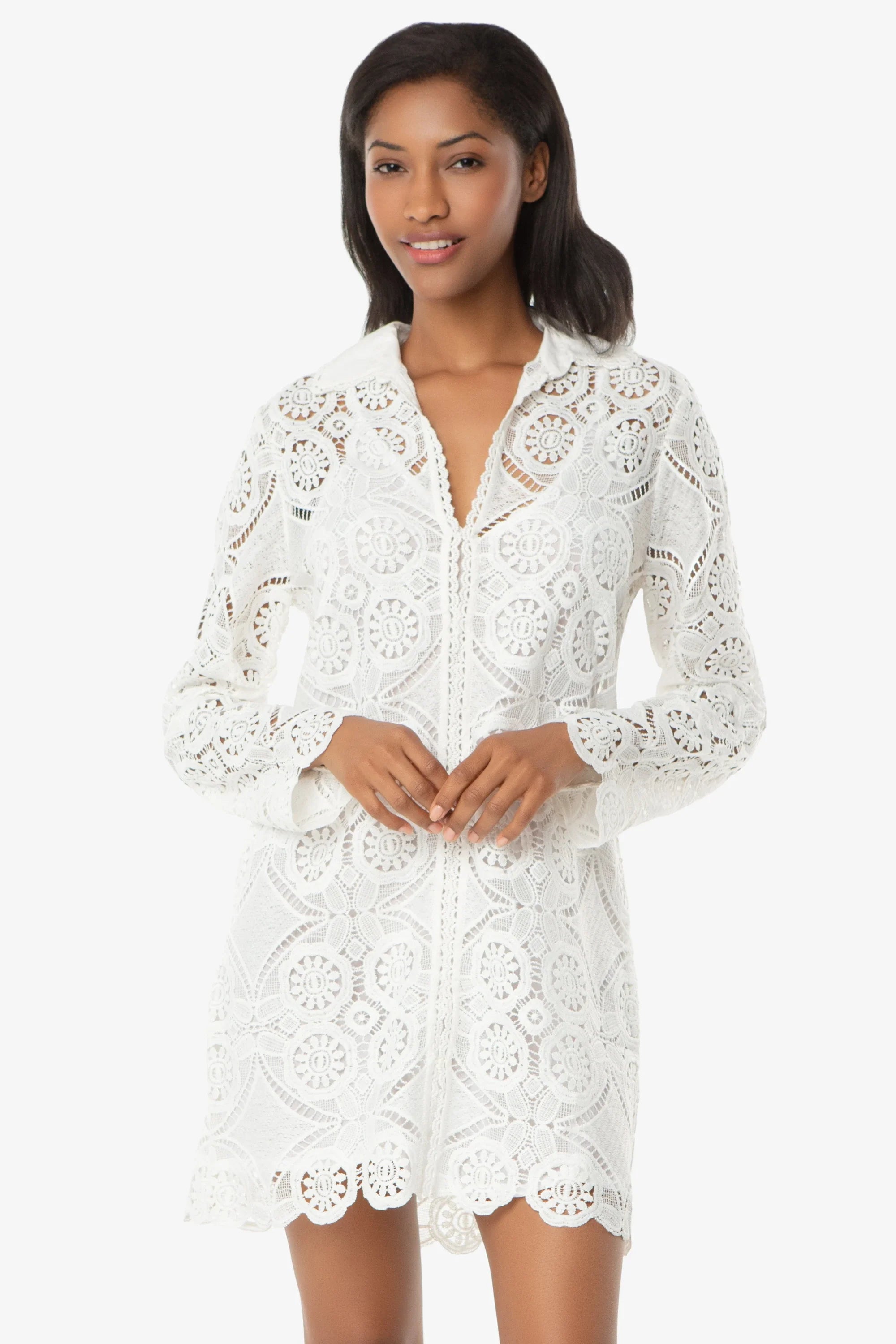Lace Button Front Dress, Lace Crochet, White, Helen Jon XL