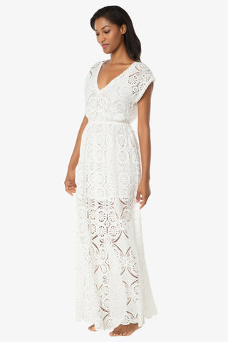 V-Neck Lace Maxi Dress, Lace Crochet, White, Helen Jon M