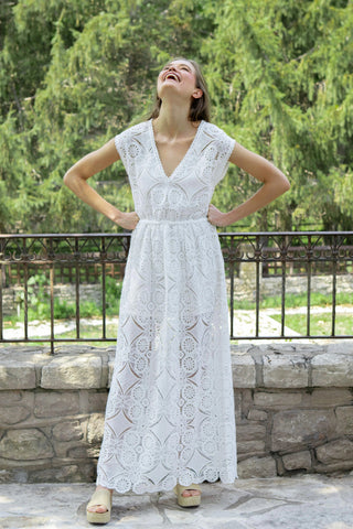 V-Neck Lace Maxi Dress, Lace Crochet, White, Helen Jon M