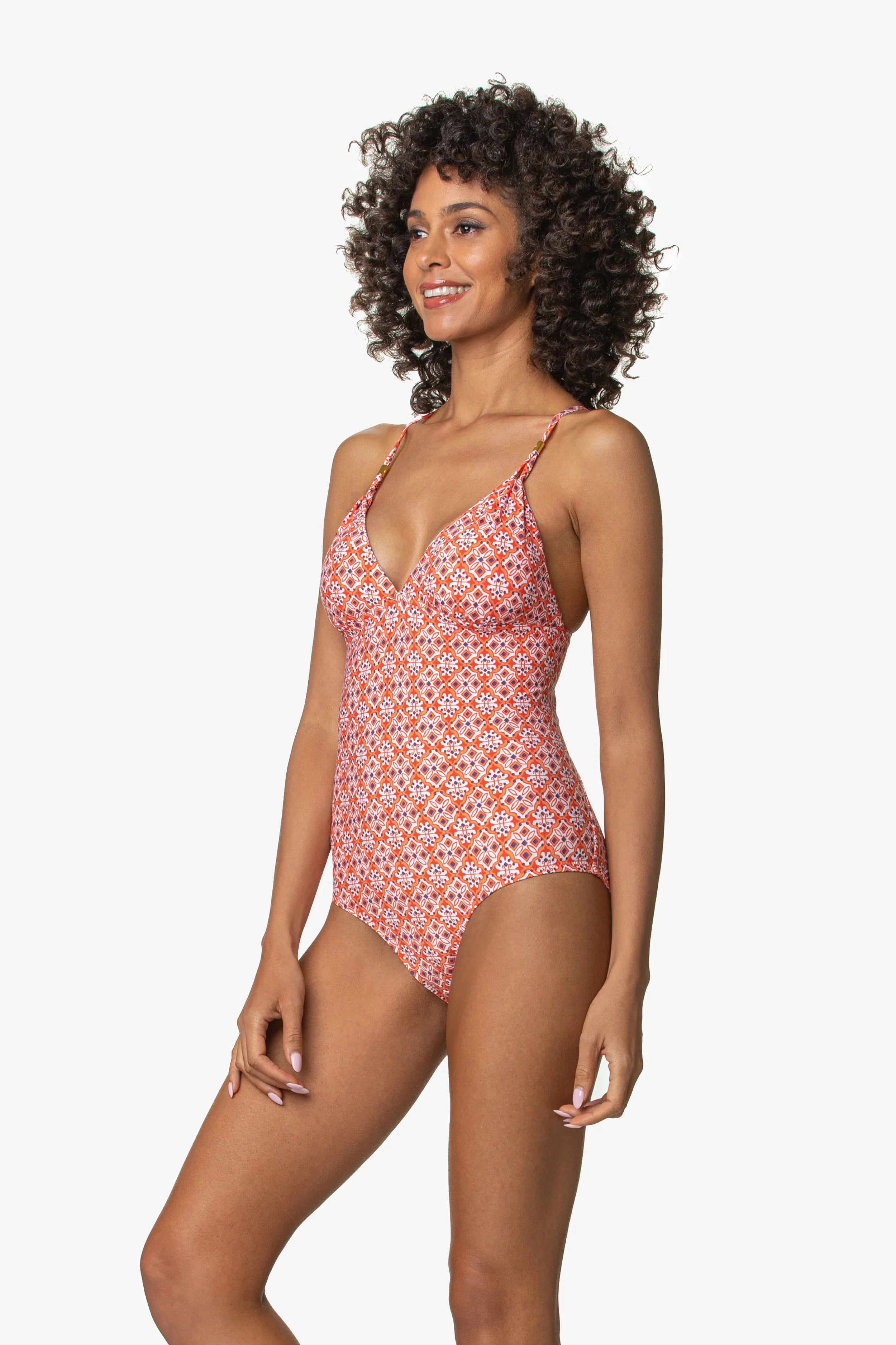 Lattice Back One-Piece, Heritage Tile Coral, Coral/White Print, Helen Jon