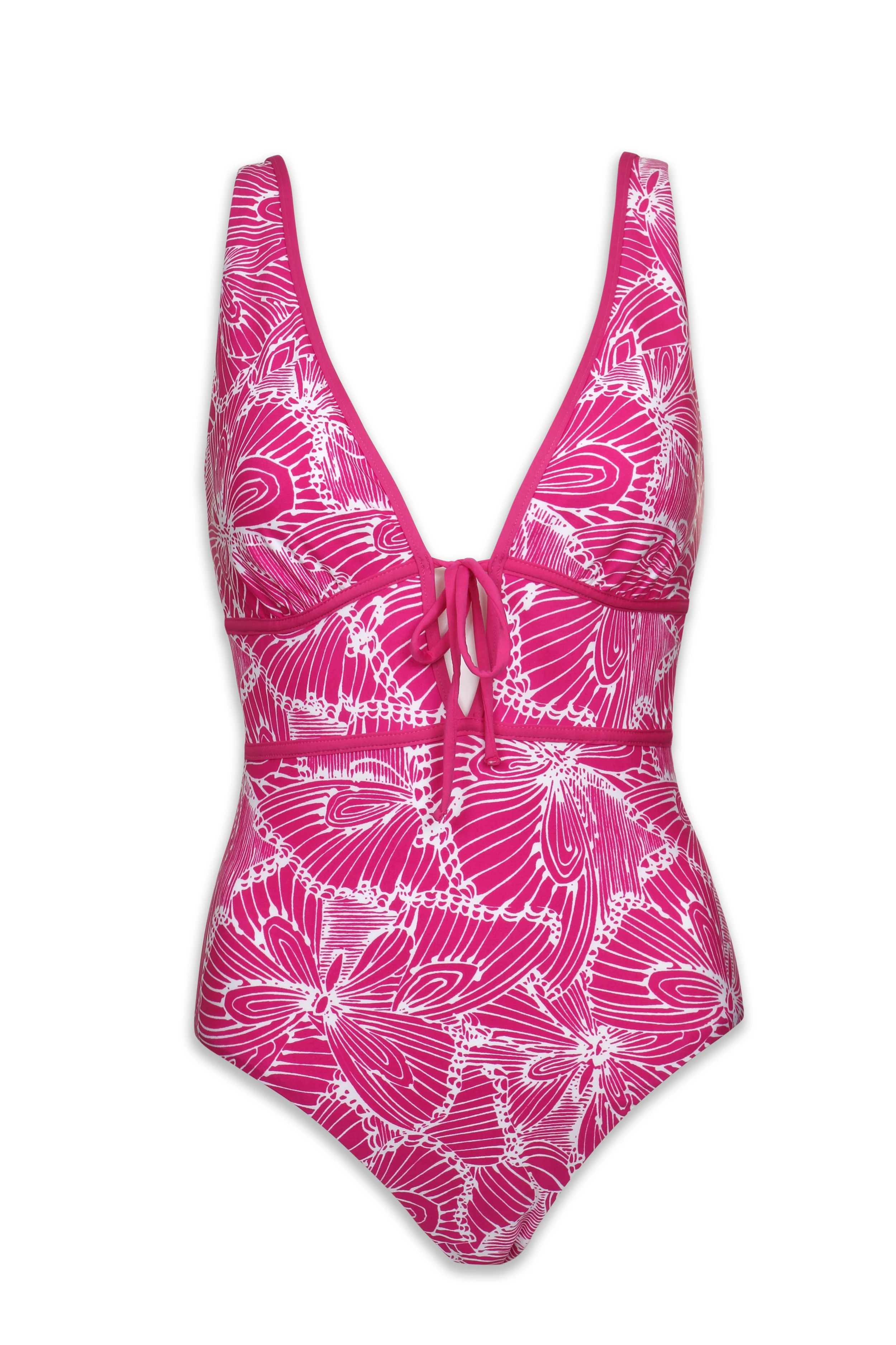Plunge Front Tie One-Piece, Jolie, Pink White, Helen Jon Plunge Front Tie One-Piece, Jolie, Pink White, Helen Jon