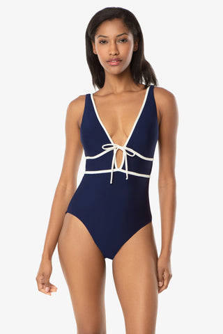 Plunge Front Tie One-Piece  |  Navy Ivory
