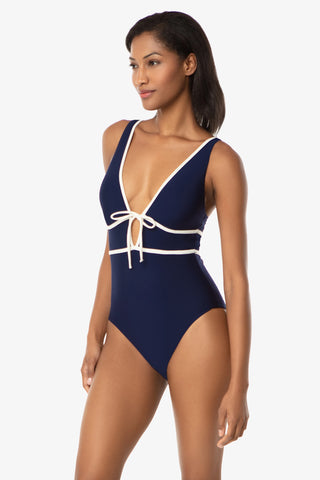 Plunge Front Tie One-Piece  |  Navy Ivory