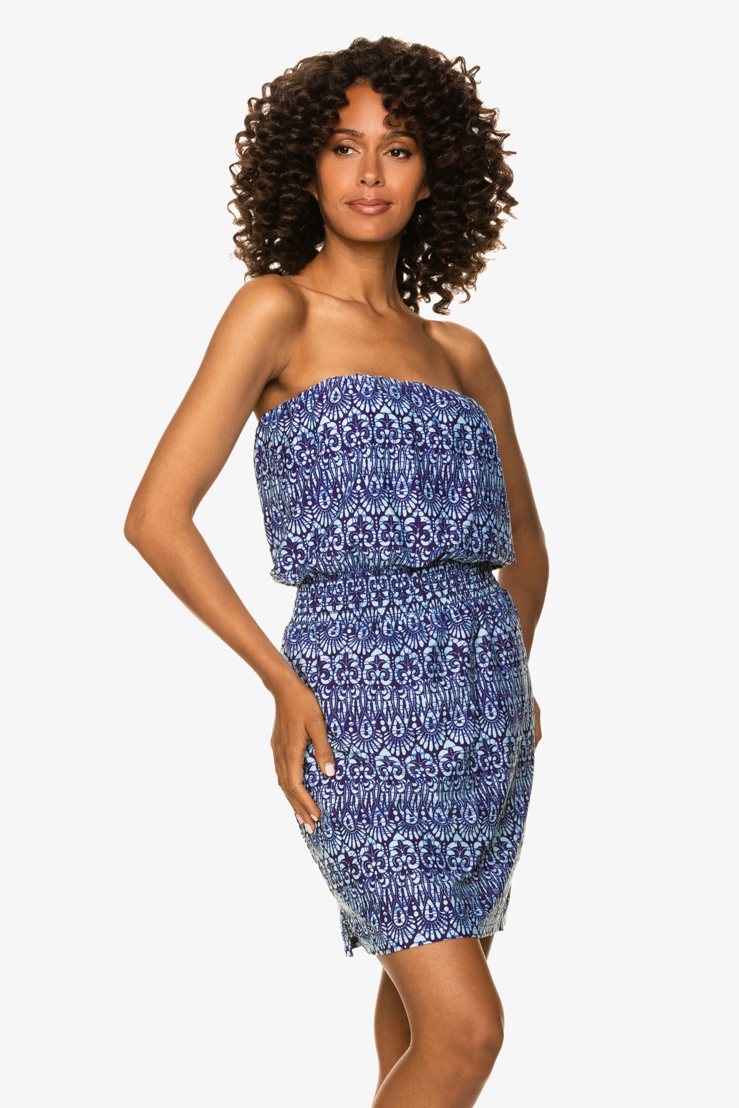 Short Jolie Dress, Island Batik Navy, Navy/Aqua Print, Helen Jon L Short Jolie Dress, Island Batik Navy, Navy/Aqua Print, Helen Jon L