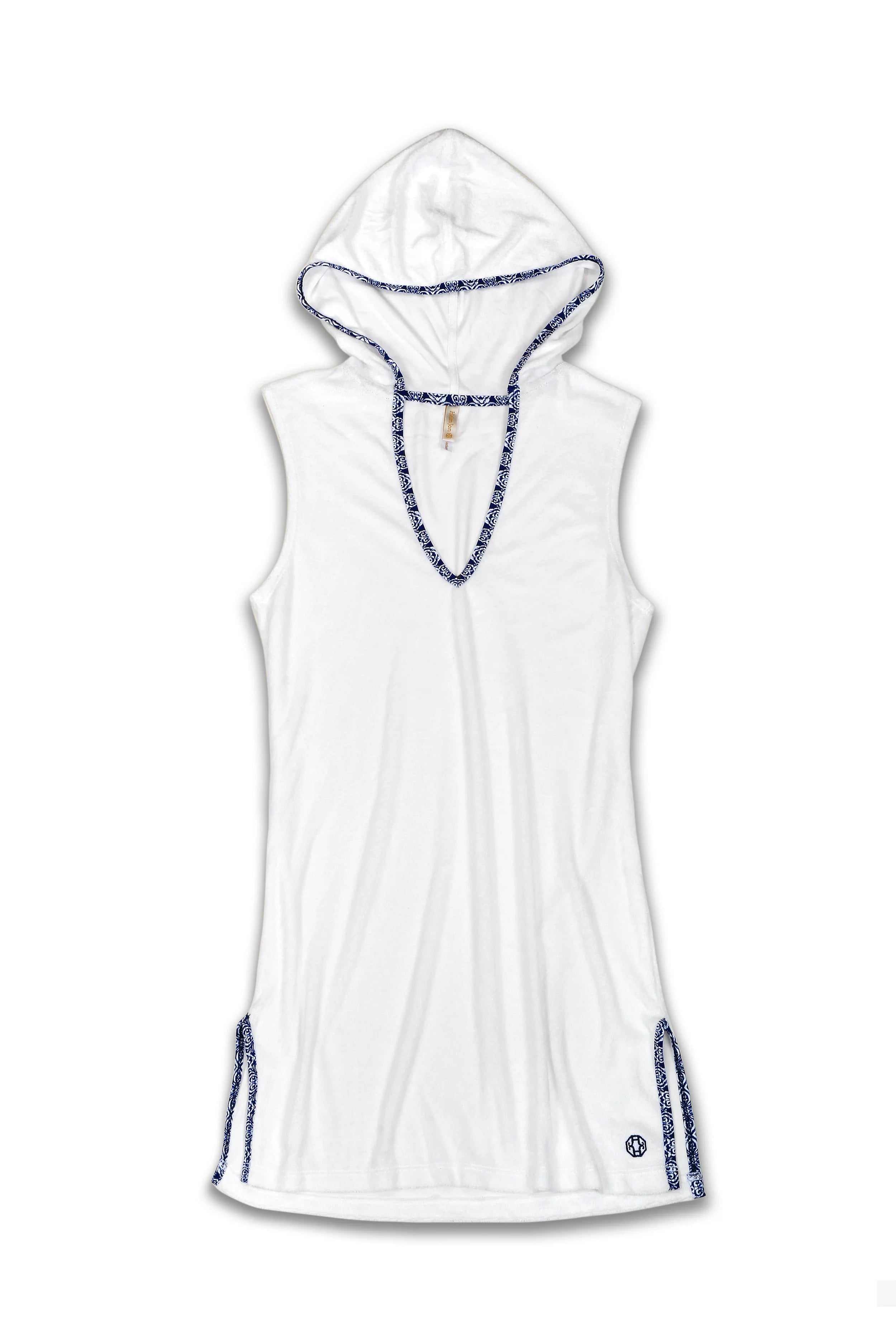 Sleeveless Hooded Terry Cover Up Tangier Blue White Print Helen Jon