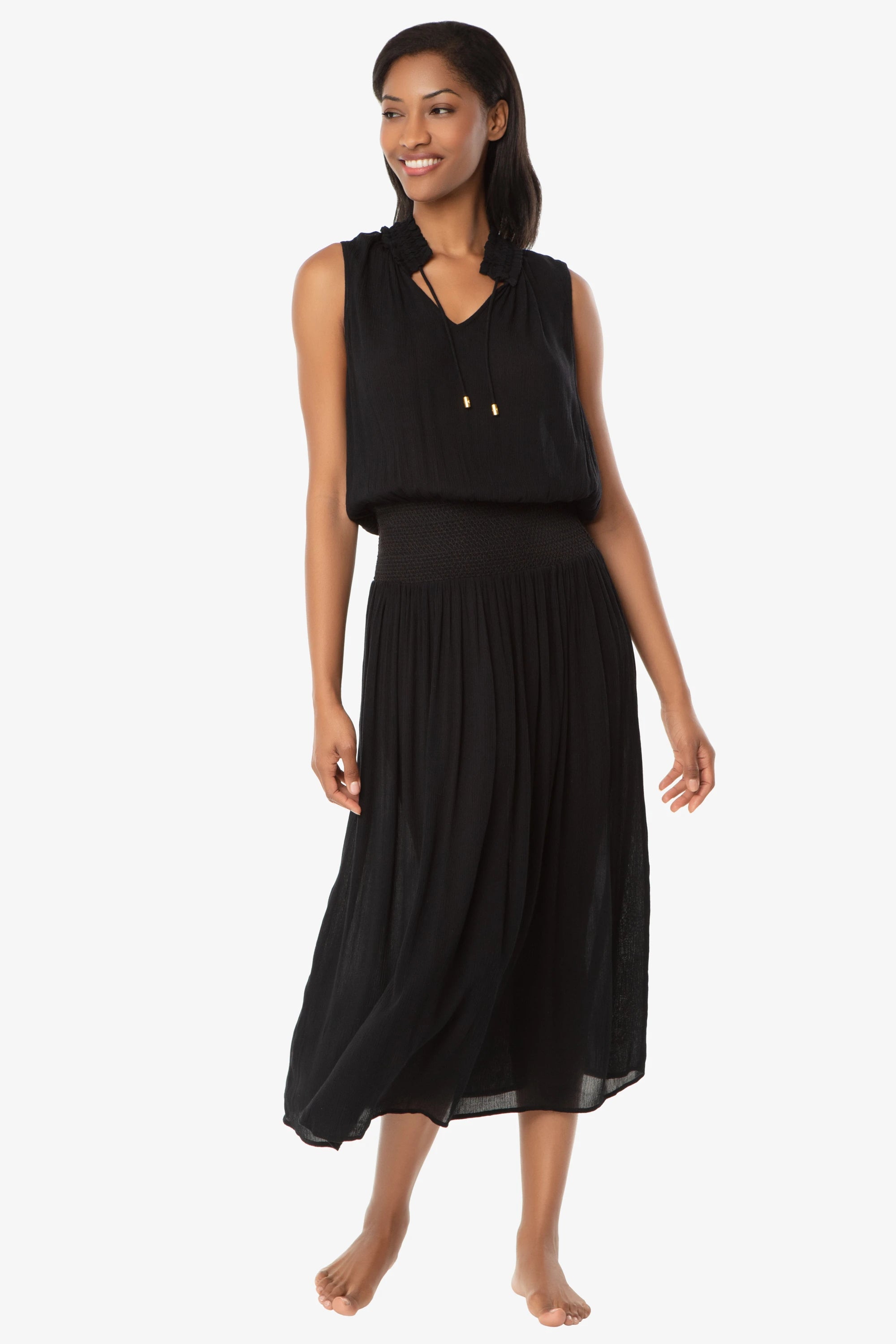 black smocked dress Sleeveless Smocked Dress, Black, Helen Jon L