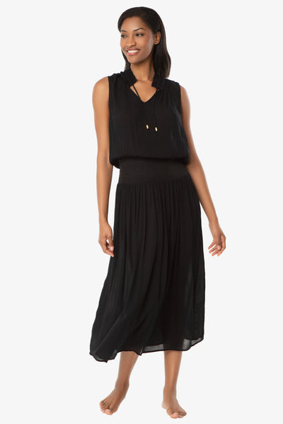 Sleeveless Smocked Dress, Black, Helen Jon L