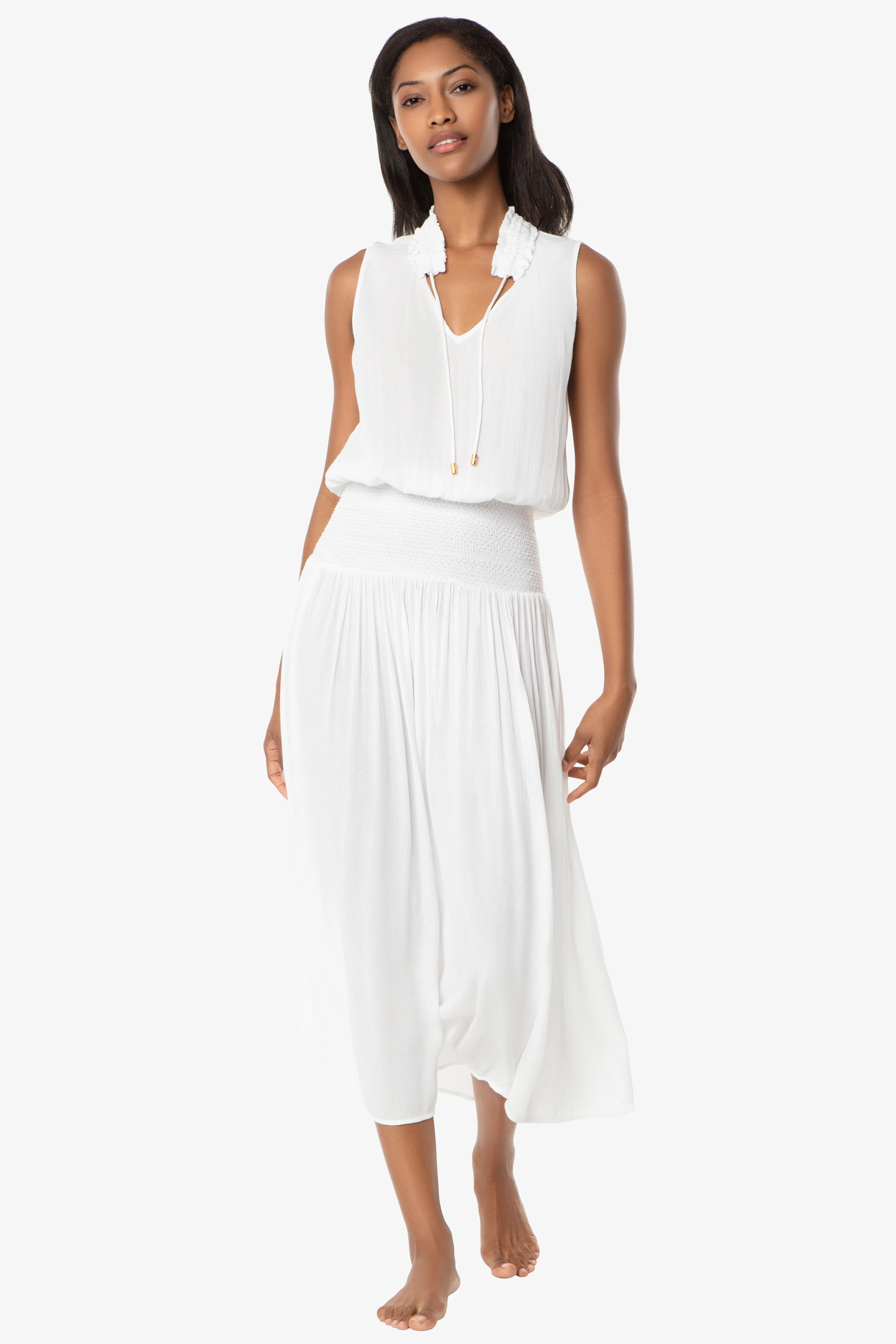 Sleeveless Smocked Dress, White, Helen Jon M