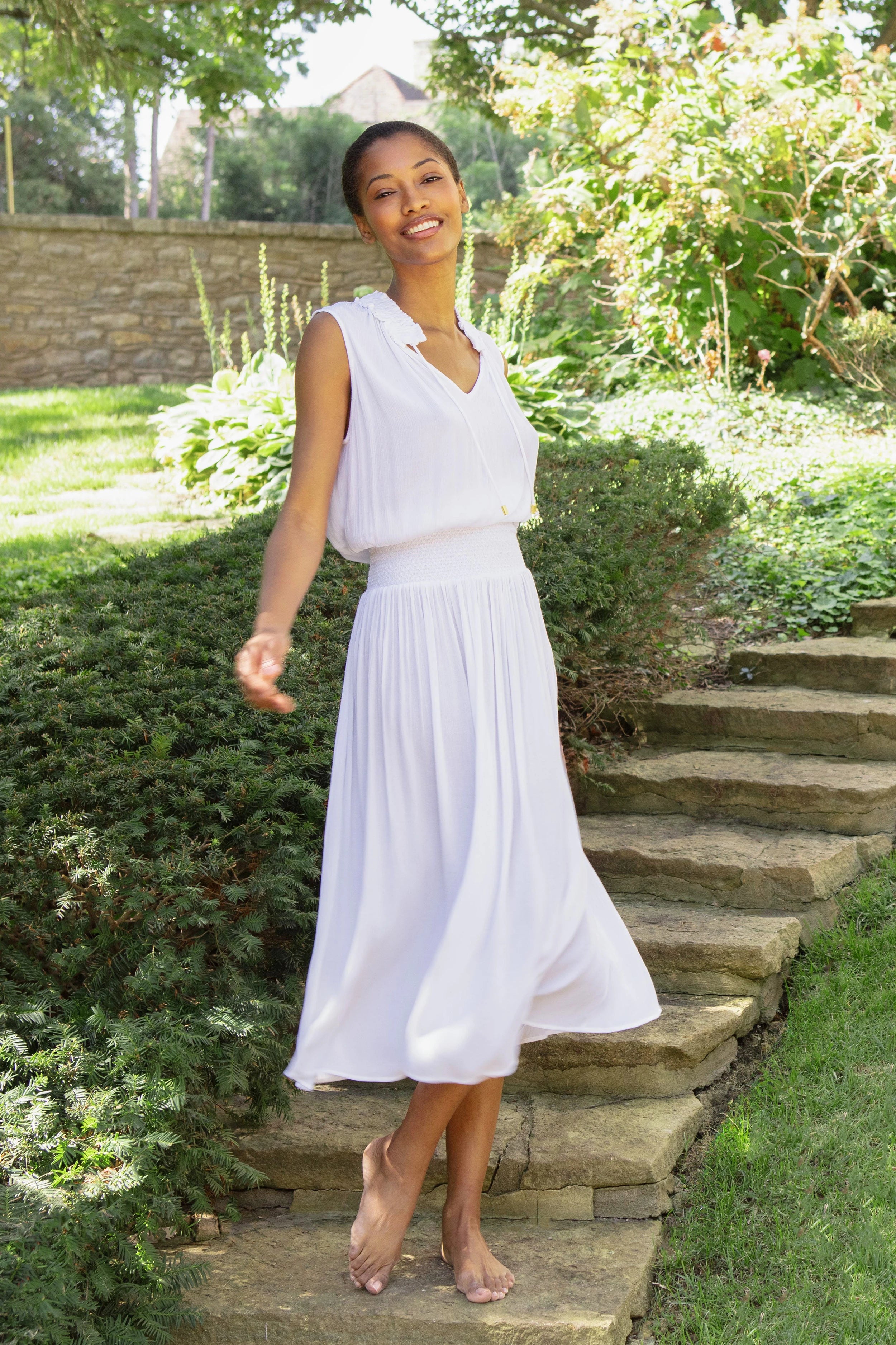 Sleeveless Smocked Dress, White, Helen Jon M