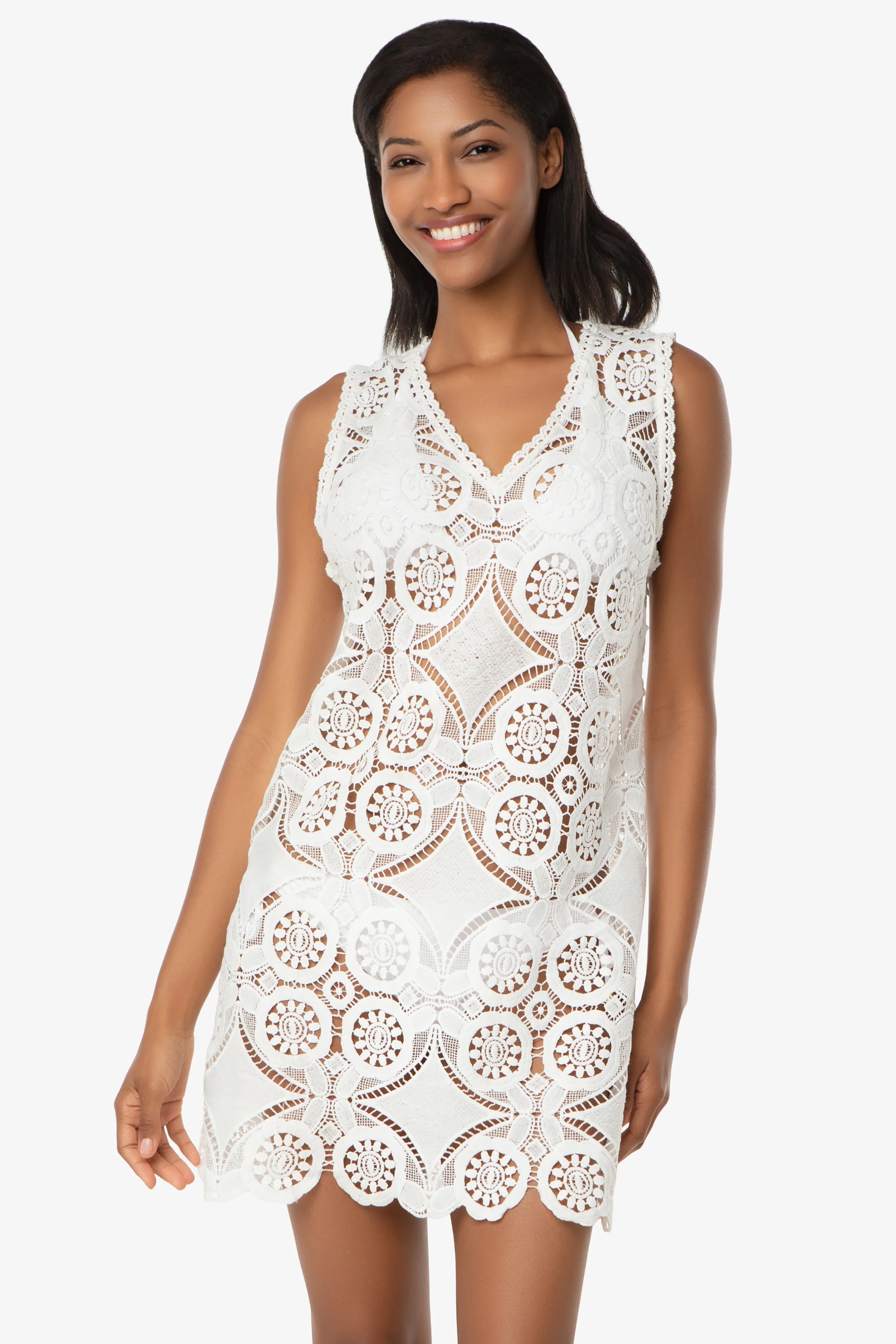 V-Neck Lace Dress, Lace Crochet, White, Helen Jon L